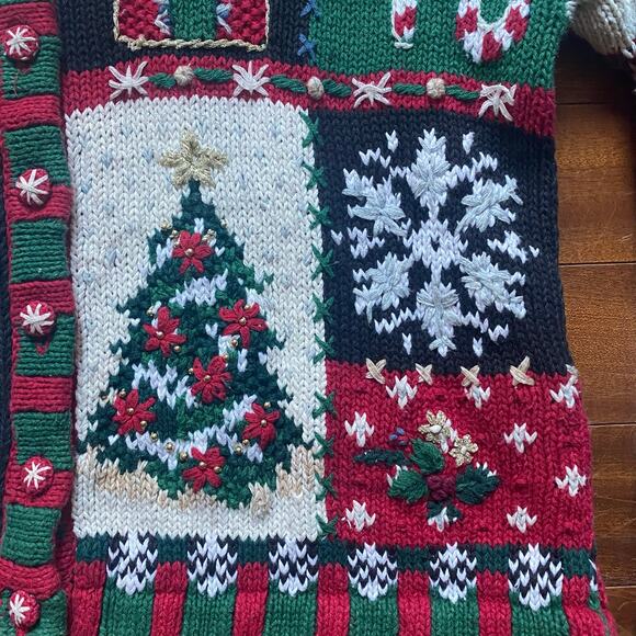 Vintage Christmas Tiara Cardigan Chunky Ugly Sweater XL Snowman Tree Cabincore - Picture 9 of 10